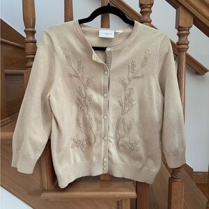 Vintage Liz Claiborne Tan Floral Embroidered Button UpCardigan